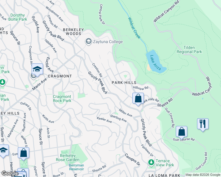 map of restaurants, bars, coffee shops, grocery stores, and more near 1091 Creston Road in Berkeley
