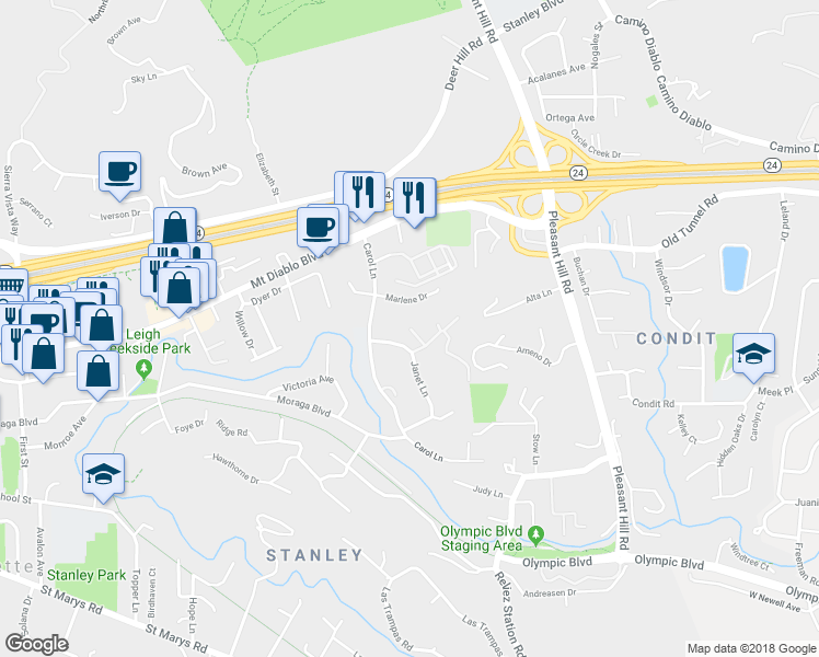 map of restaurants, bars, coffee shops, grocery stores, and more near 25 Vista Via in Lafayette