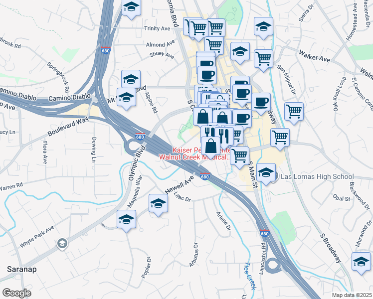 map of restaurants, bars, coffee shops, grocery stores, and more near 1777 Botelho Drive in Walnut Creek