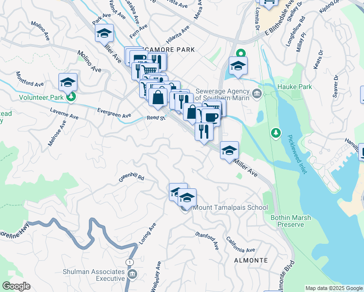 map of restaurants, bars, coffee shops, grocery stores, and more near 78 Homestead Blvd in Mill Valley