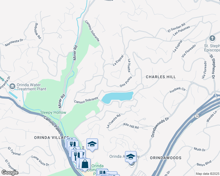 map of restaurants, bars, coffee shops, grocery stores, and more near 39 Dos Posos in Orinda