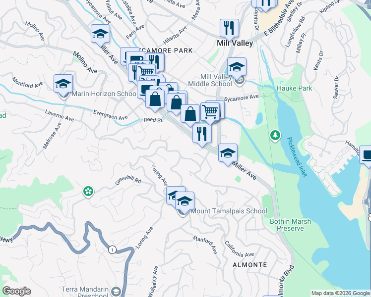 map of restaurants, bars, coffee shops, grocery stores, and more near 78 Homestead Boulevard in Mill Valley