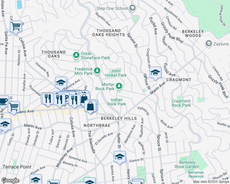 map of restaurants, bars, coffee shops, grocery stores, and more near 912 Indian Rock Avenue in Berkeley