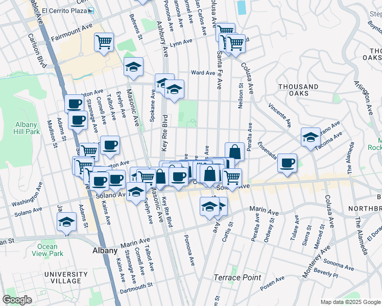map of restaurants, bars, coffee shops, grocery stores, and more near 1341 Washington Avenue in Albany