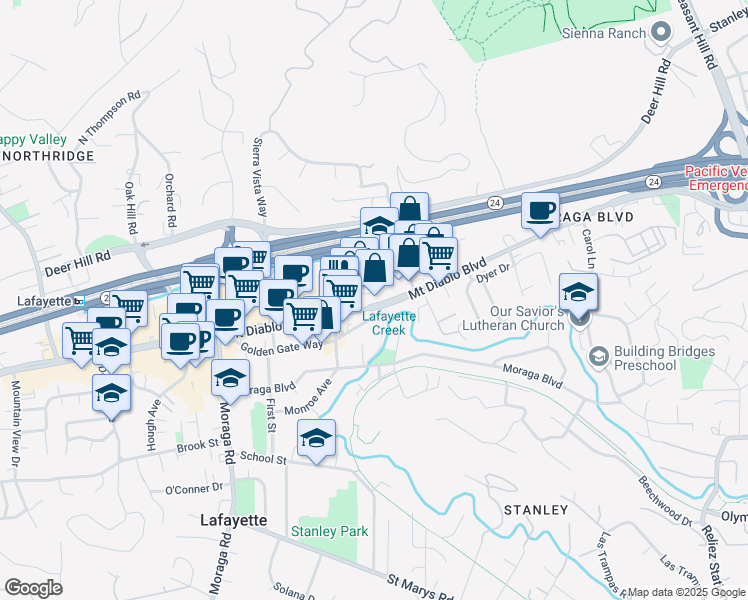 map of restaurants, bars, coffee shops, grocery stores, and more near 3434 Mount Diablo Boulevard in Lafayette