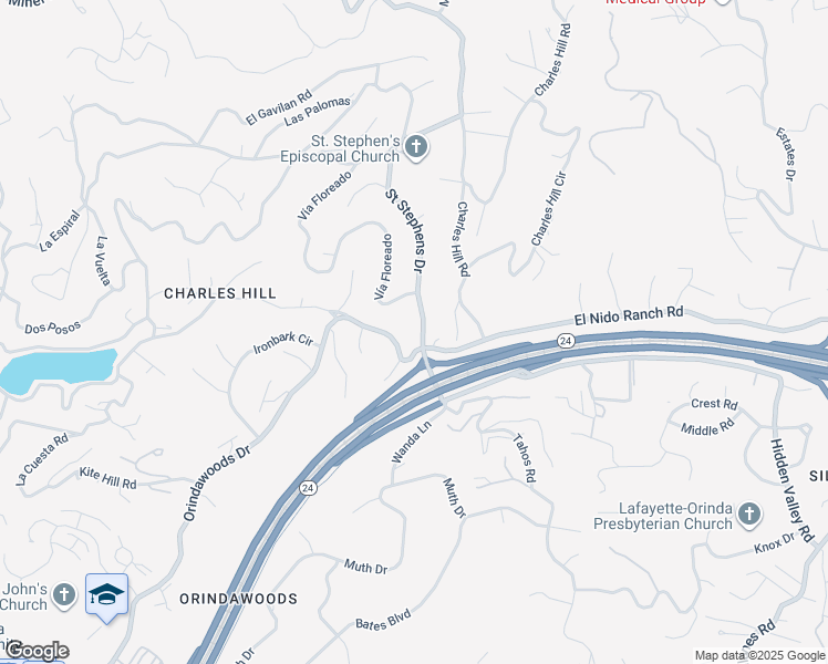 map of restaurants, bars, coffee shops, grocery stores, and more near 7 Saint Stephens Drive in Orinda