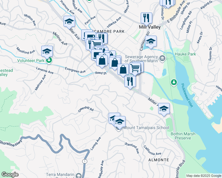 map of restaurants, bars, coffee shops, grocery stores, and more near 78 Homestead Boulevard in Mill Valley