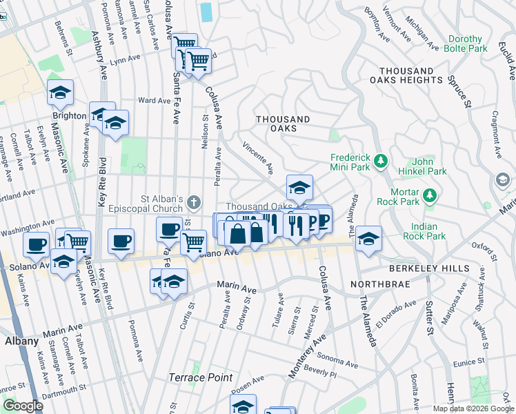 map of restaurants, bars, coffee shops, grocery stores, and more near 1730 San Lorenzo Avenue in Berkeley