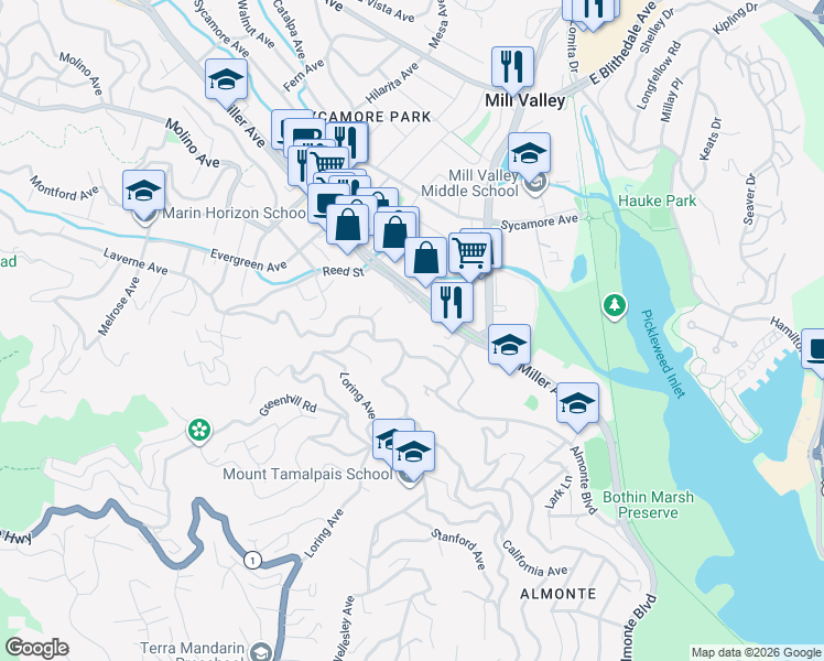map of restaurants, bars, coffee shops, grocery stores, and more near 78 Homestead Boulevard in Mill Valley