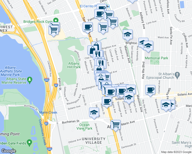 map of restaurants, bars, coffee shops, grocery stores, and more near 721 Adams Street in Albany