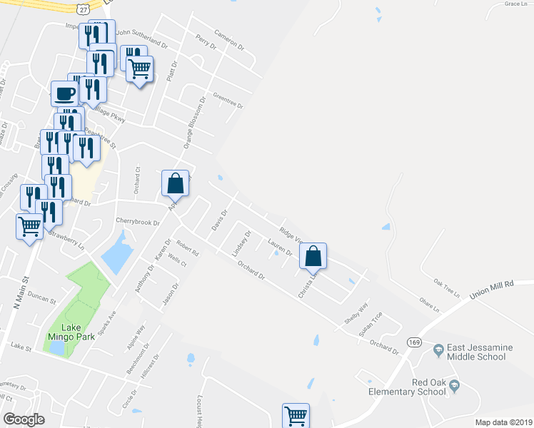 map of restaurants, bars, coffee shops, grocery stores, and more near 105 Summit Court in Nicholasville