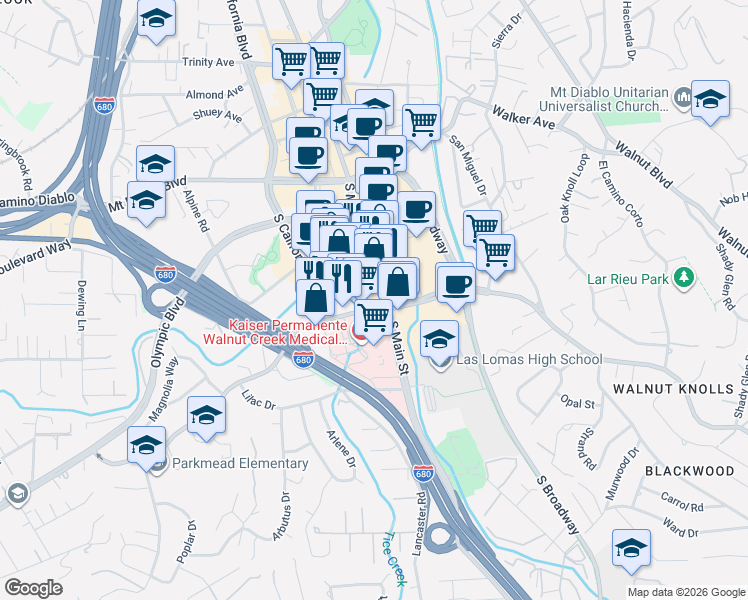 map of restaurants, bars, coffee shops, grocery stores, and more near 1538 Newell Avenue in Walnut Creek