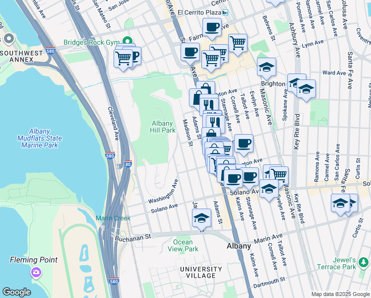 map of restaurants, bars, coffee shops, grocery stores, and more near 717 Jackson Street in Albany