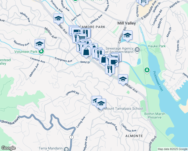 map of restaurants, bars, coffee shops, grocery stores, and more near 78 Homestead Boulevard in Mill Valley