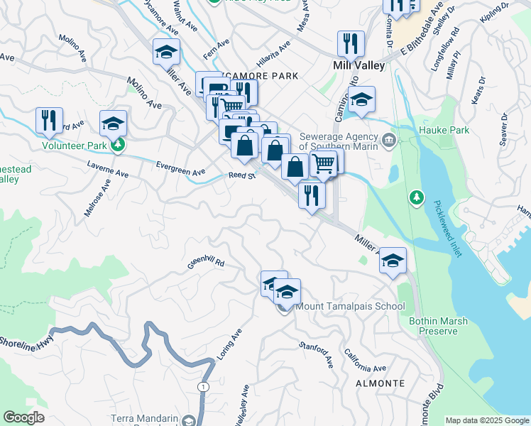 map of restaurants, bars, coffee shops, grocery stores, and more near 3 Circle Way in Mill Valley