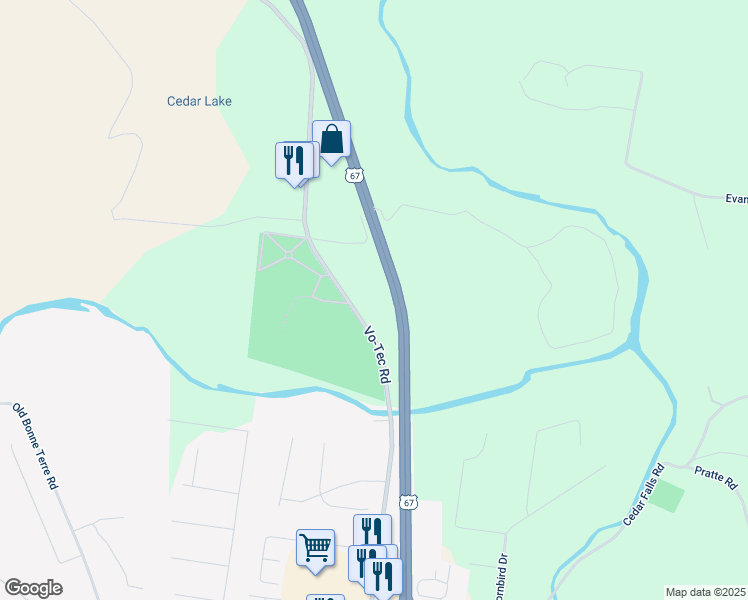 map of restaurants, bars, coffee shops, grocery stores, and more near 6704 Vo-Tec Road in Bonne Terre