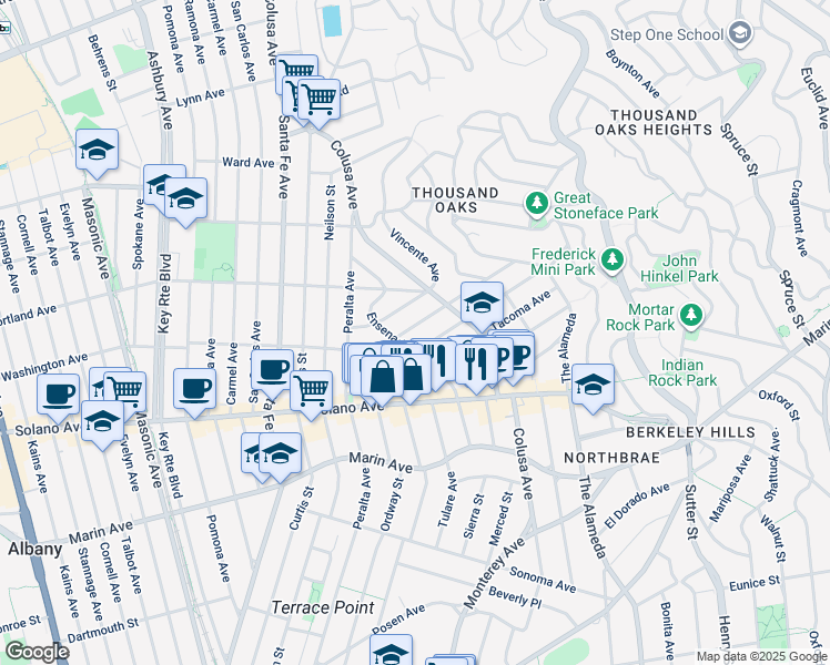 map of restaurants, bars, coffee shops, grocery stores, and more near 1730 San Lorenzo Avenue in Berkeley