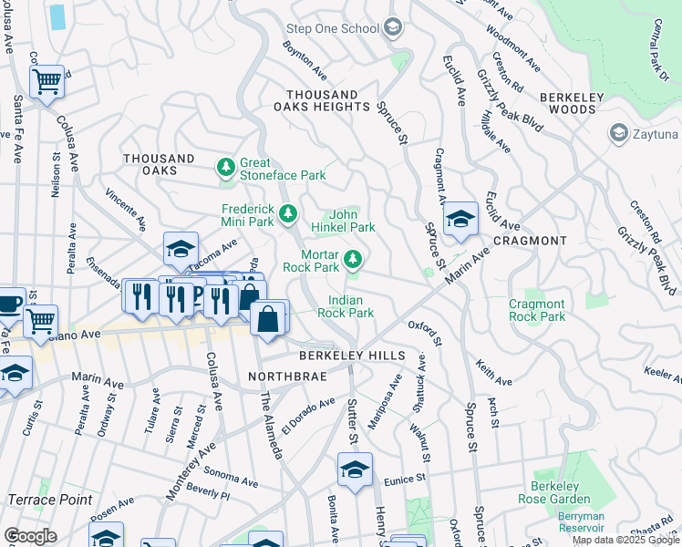 map of restaurants, bars, coffee shops, grocery stores, and more near 910 Indian Rock Avenue in Berkeley