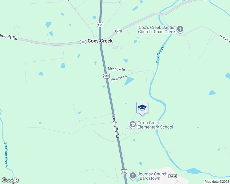 map of restaurants, bars, coffee shops, grocery stores, and more near 5905-6099 Louisville Road in Coxs Creek