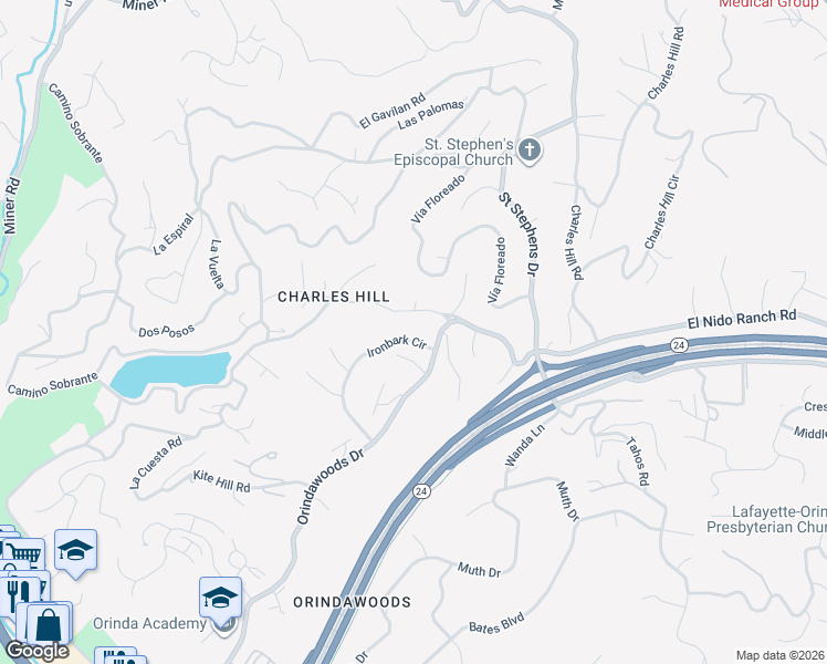 map of restaurants, bars, coffee shops, grocery stores, and more near 689 Ironbark Circle in Orinda