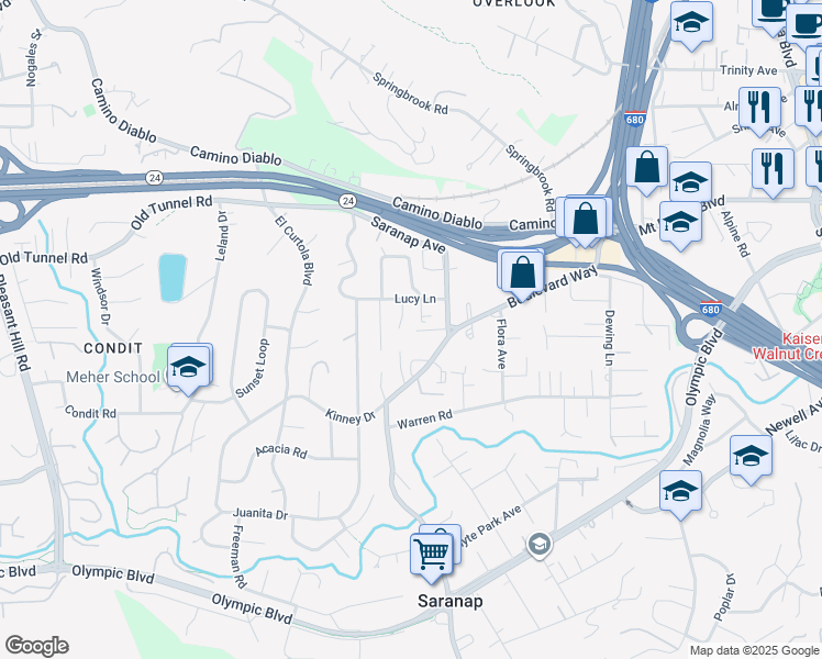 map of restaurants, bars, coffee shops, grocery stores, and more near 1195 Saranap Avenue in Walnut Creek