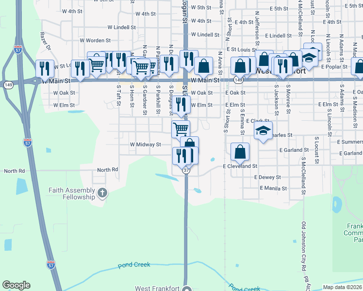 map of restaurants, bars, coffee shops, grocery stores, and more near 301 West Stotlar Street in West Frankfort