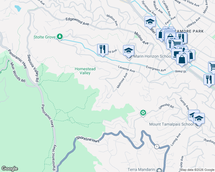 map of restaurants, bars, coffee shops, grocery stores, and more near 14 Madrone Park Circle in Mill Valley
