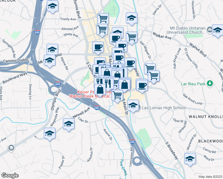map of restaurants, bars, coffee shops, grocery stores, and more near 1538 Newell Avenue in Walnut Creek