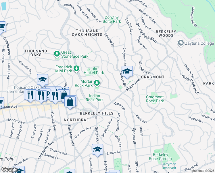 map of restaurants, bars, coffee shops, grocery stores, and more near 859 Indian Rock Avenue in Berkeley
