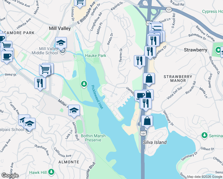 map of restaurants, bars, coffee shops, grocery stores, and more near 74 Eucalyptus Knoll Street in Mill Valley