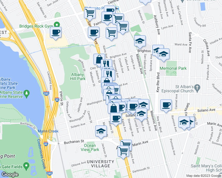 map of restaurants, bars, coffee shops, grocery stores, and more near 1100 Portland Avenue in Albany