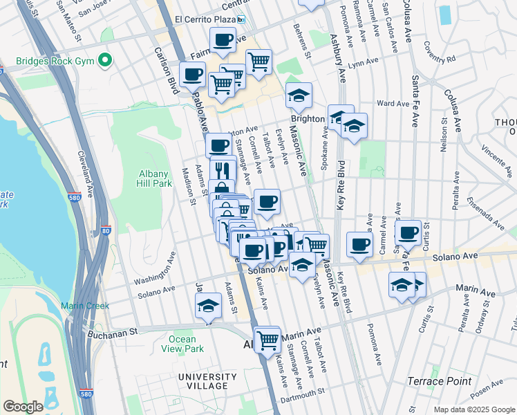 map of restaurants, bars, coffee shops, grocery stores, and more near 730 Cornell Avenue in Albany