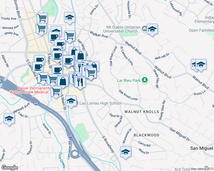 map of restaurants, bars, coffee shops, grocery stores, and more near 1910 San Miguel Drive in Walnut Creek