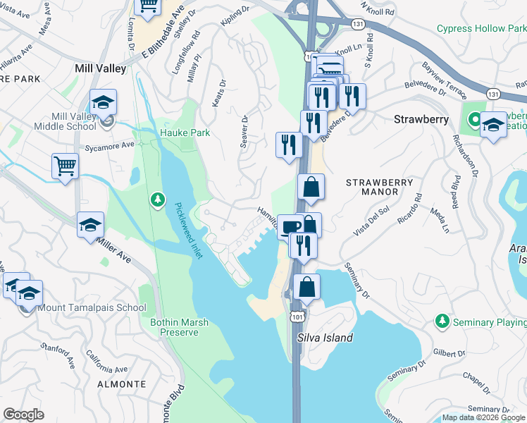 map of restaurants, bars, coffee shops, grocery stores, and more near Hamilton Dr & Shelter Bay Ave in Mill Valley