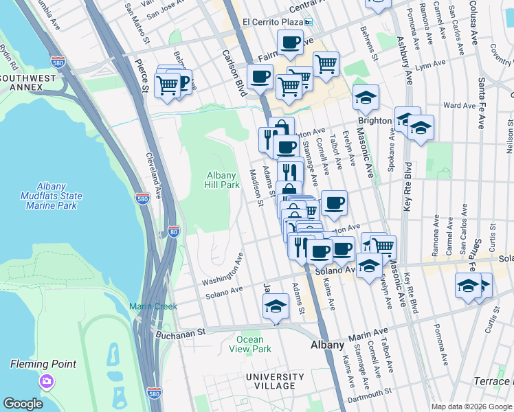map of restaurants, bars, coffee shops, grocery stores, and more near 704 Madison Street in Albany