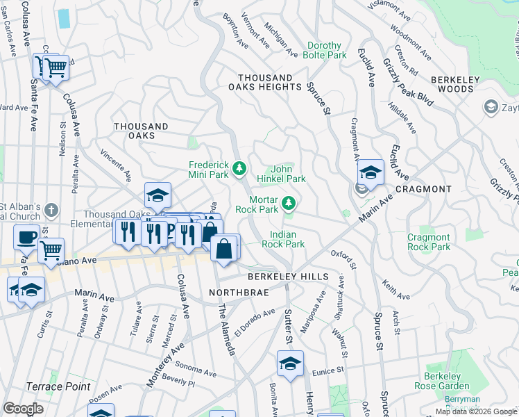 map of restaurants, bars, coffee shops, grocery stores, and more near 843 Arlington Avenue in Berkeley