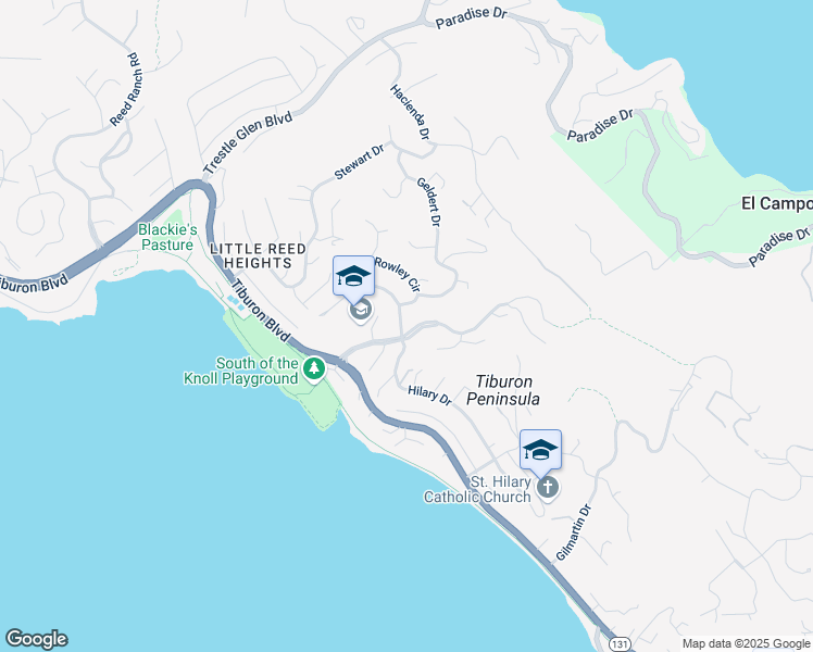 map of restaurants, bars, coffee shops, grocery stores, and more near 135 Avenida Miraflores in Tiburon