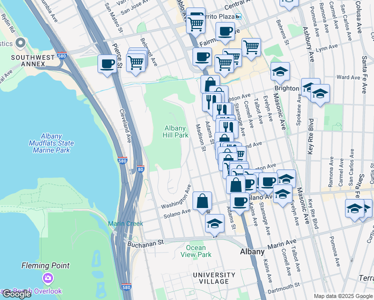 map of restaurants, bars, coffee shops, grocery stores, and more near 935 Hillside Avenue in Albany