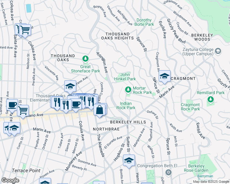 map of restaurants, bars, coffee shops, grocery stores, and more near 843 Arlington Avenue in Berkeley