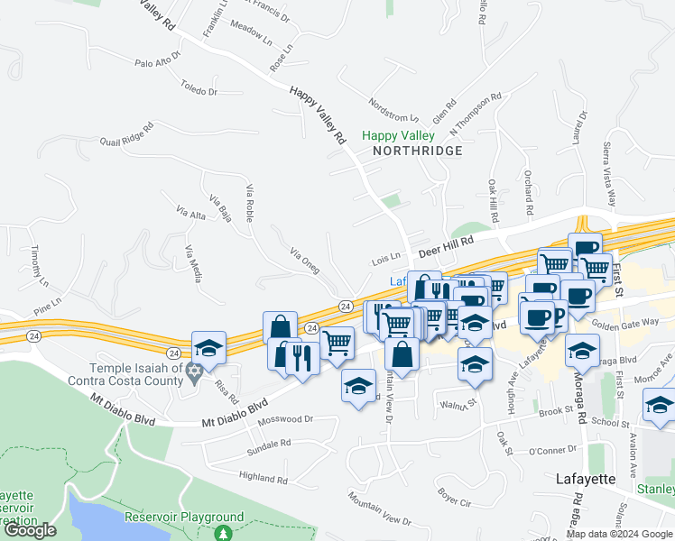 map of restaurants, bars, coffee shops, grocery stores, and more near 1021 Dolores Drive in Lafayette