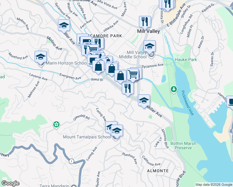 map of restaurants, bars, coffee shops, grocery stores, and more near 78 Homestead Boulevard in Mill Valley