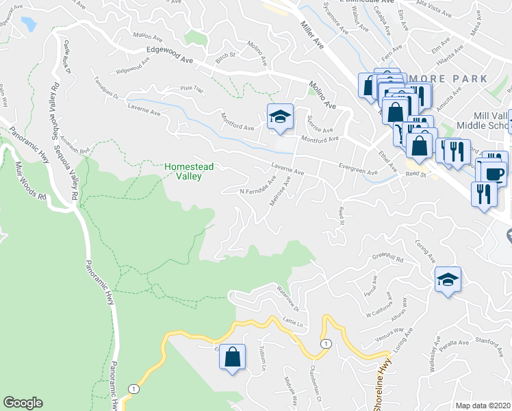 map of restaurants, bars, coffee shops, grocery stores, and more near 315 Melrose Avenue in Mill Valley