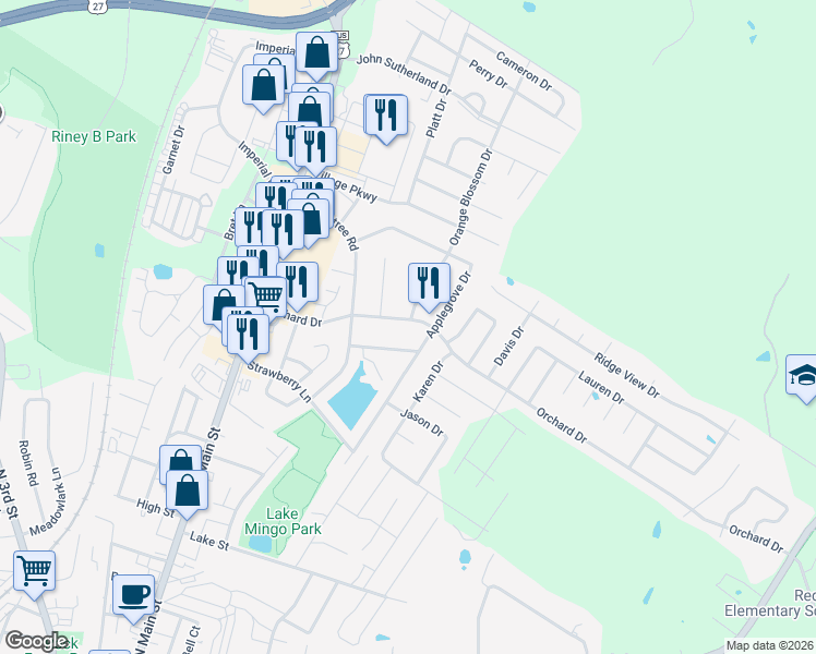 map of restaurants, bars, coffee shops, grocery stores, and more near 119 Cherrybrook Drive in Nicholasville