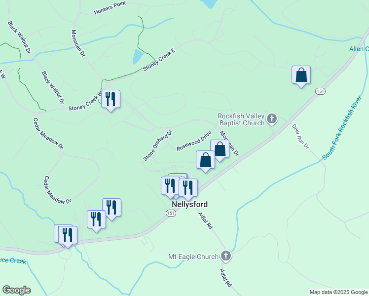 map of restaurants, bars, coffee shops, grocery stores, and more near 175 Rosewood Drive in Nellysford