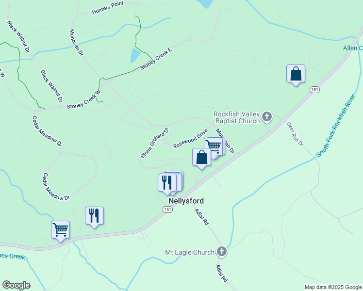 map of restaurants, bars, coffee shops, grocery stores, and more near 175 Rosewood Drive in Nellysford