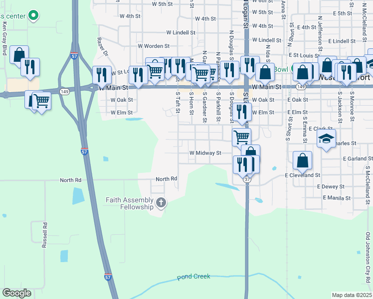 map of restaurants, bars, coffee shops, grocery stores, and more near 701-799 West Stotlar Street in West Frankfort