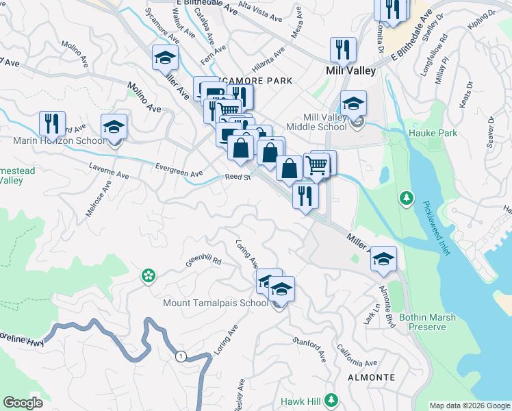 map of restaurants, bars, coffee shops, grocery stores, and more near 3 Circle Way in Mill Valley