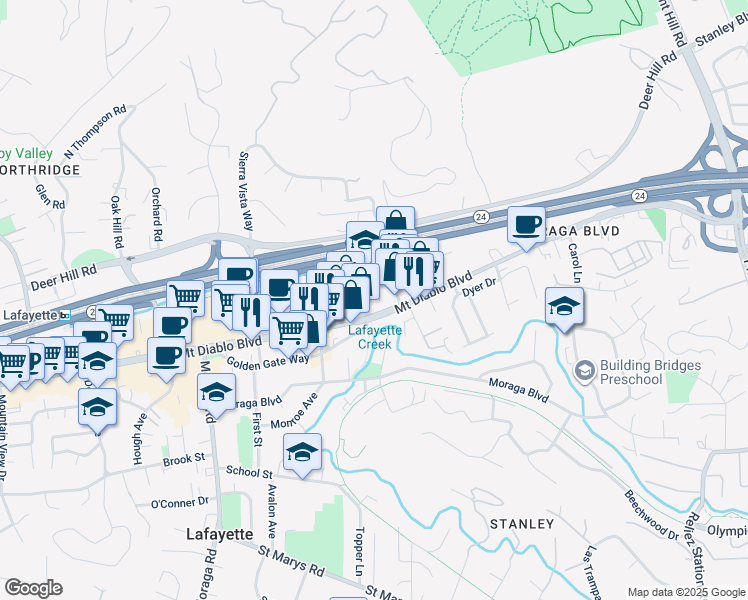 map of restaurants, bars, coffee shops, grocery stores, and more near 3434 Mount Diablo Boulevard in Lafayette