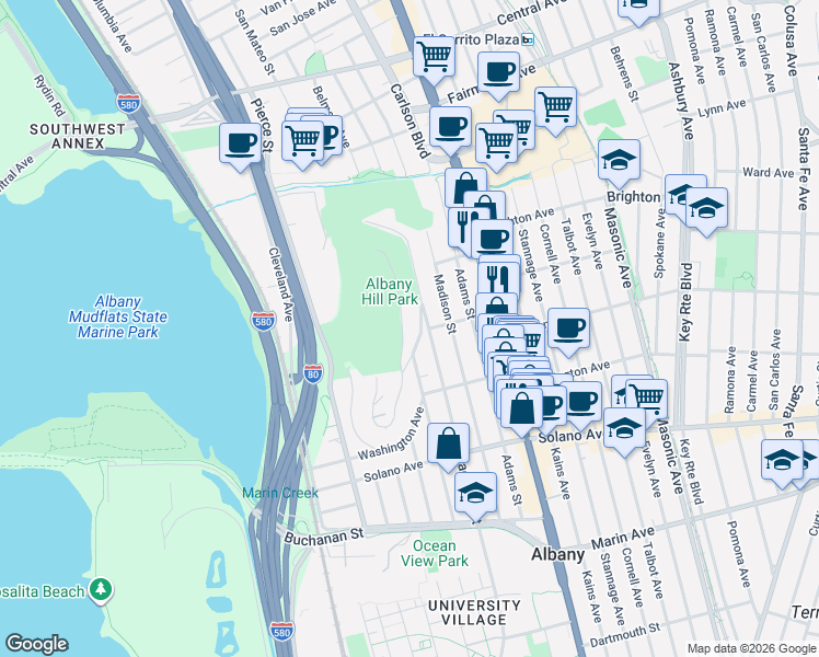 map of restaurants, bars, coffee shops, grocery stores, and more near 791A Taft Street in Albany