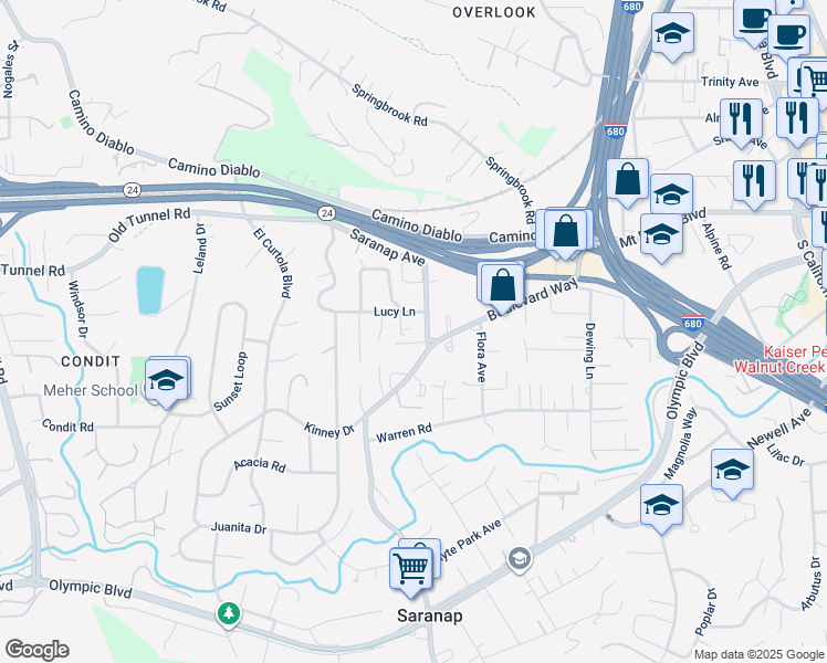 map of restaurants, bars, coffee shops, grocery stores, and more near 1183 Saranap Avenue in Walnut Creek